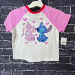 Disney Medium 8 Stitch Raglan Cropped Graphic T-shirt White pink - Picture 1 of 7