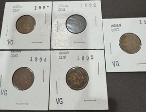 LOT OF 5 Indian Head Cent Pennies in VG CONDITION DATES FROM 1885 TO 1908 - Picture 1 of 6