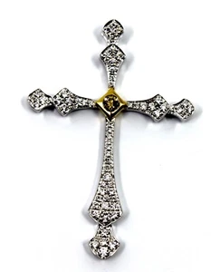 18k Solid White & Yellow Gold Diamond Cross Pendant 0.60 Tcw Sz 1.75"inch - Picture 1 of 10