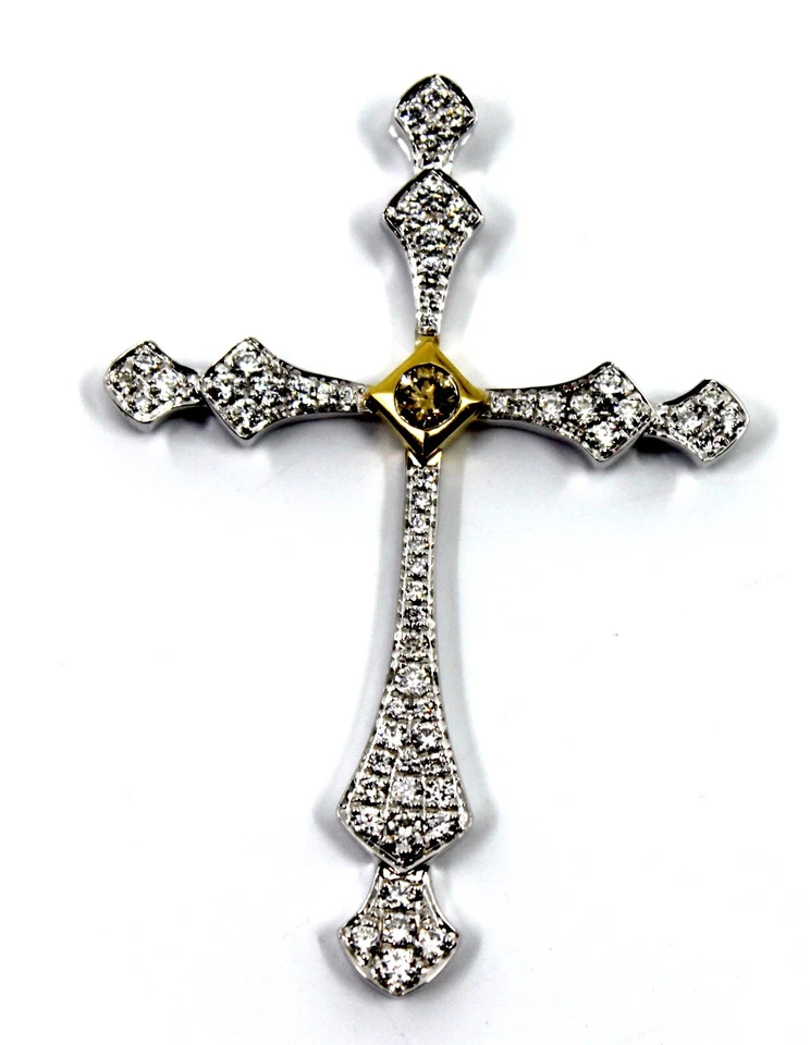 Diamond Cross Pendant 18k Solid White & Yellow Gold 0.60 Tcw 1.75"inch - Image 1 of 4