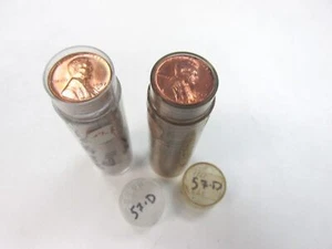Lot of 2 BU Rolls 1957-D Lincoln Wheat Penny Cents UNC 100 Pennies Q4F9 - Picture 1 of 3