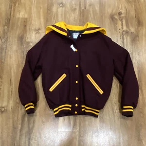 Giacca Varsity Vintage DeLong Uomo Taglia L Marrone Lana Gialla Letterman Collare Marinaio - Foto 1 di 10