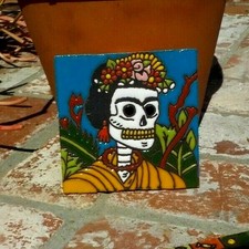DAY OF THE DEAD FRIDA KAHLO RED TILE 4 IN x 4 IN TALAVERA MEXICO FREE SHIPPING 