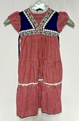 Vintage 70s Girl's Youngland Dress Red Blue Gingham  Maxi Eyelet Lace Prairie 4T - Image 1 of 4