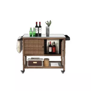 Outdoor Patio Wicker Bar Cart Wine Serving Cart Rolling Rattan Beverage Counter - Picture 1 of 11