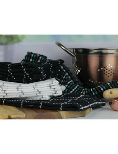 Sous Chef Windowpane Black 10pc Kitchen Dish Towel Set 100% Cotton Gray White - Picture 1 of 4