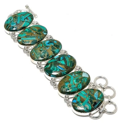 Pulsera de plata de ley 925 hecha a mano con piedras preciosas de azurita malaquita de cobre joyería Foto 1 de 4
