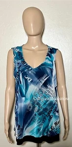 Jostar Women Sleeveless Blouse Shirt Top Blue Multi with Black Made In USA - Picture 1 of 7