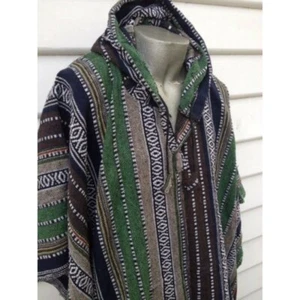 Hooded Cotton Poncho Mexican Baja Style Green & Brown Stripe Cape Unisex Hoodie - Bild 1 von 1