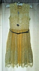 KNIT WORKS Yellow Floral Overlay Belted Party Dress & necklace Girl Size 16 - Picture 1 of 4