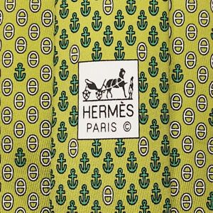 HERMES Tie 625683 PA Anchors & Scarf Ring Print Green Skinny Silk Necktie