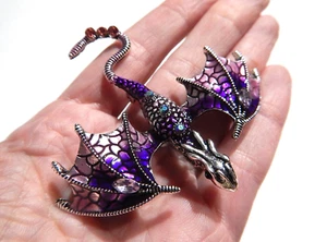 PURPLE DRAGON BROOCH or PENDANT flying wyvern enamel crystal pin fantasy S2 - Picture 1 of 5