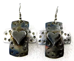 GRADY ALEXANDER STERLING Stamped HANDMADE Vintage CROSSES HEARTS EARRINGS - Picture 1 of 3
