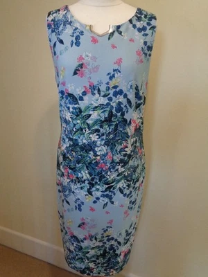 JOSEPH RIBKOFF LIGHT BLUE AND MULTI FLORAL PRINT DRESS WITH SILVER BAR - SIZE 18 - Image 1 of 4