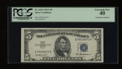 DBR 1953-A $5 Silver Fr. 1656 DA Block PCGS XF-40 Serial D79536572A - Image 1 of 2