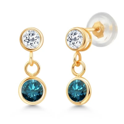 14K Yellow Gold Blue Diamond and White Topaz Drop Dangle Earrings For Women - Image 1 of 4