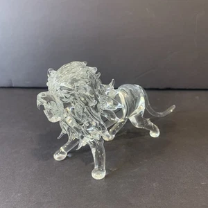 Clear Glass Lion Figurine - Art Glass Sculpture Murano Style 6.5" Long - Picture 1 of 11