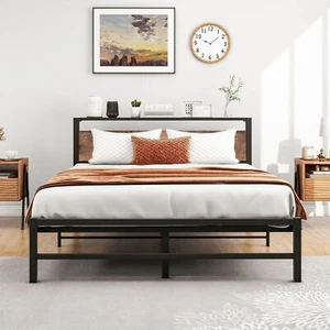 Queen Bed Frame with Wood Storage Headboard, Metal Platform Bed Frame Queen Size - Picture 1 of 6