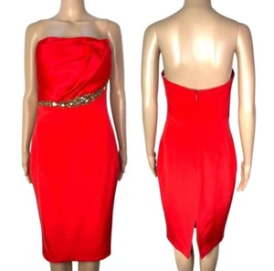 Marchesa Red Silk Strapless Jeweled Evening Cocktail Formal Midi Dress Size 4 - Picture 1 of 14
