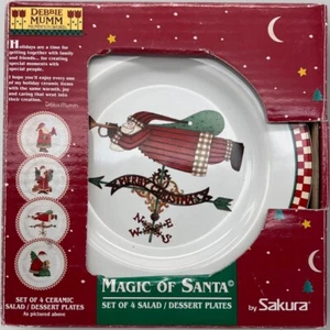 Sakura MAGIC OF SANTA 4 Salad Dessert Plates Vintage Debbie Mumm Checkered Edge - Picture 1 of 11