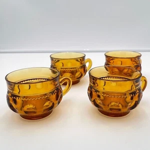 Vintage Short King's Crown Thumbprint Amber Glass Tea Cups - Picture 1 of 5
