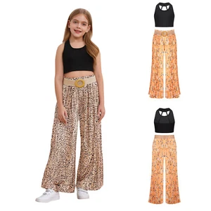 Girls 3 Piece Going Out Set Holiday Outfits Daily Wear Top With Pants And Belt - Picture 1 of 33
