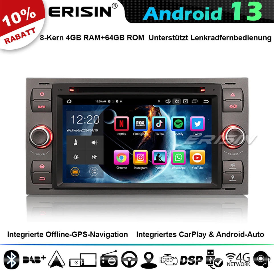 64GB Android 13 Autoradio GPS Navi Ford Focus C/S-Max Galaxy Transit Mondeo Kuga - Bild 1 von 4