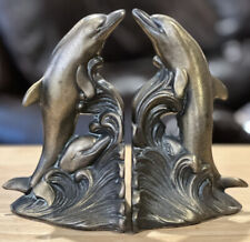 Brass Dolphins In Ocean Waves Nautical Bookends swimming pair Sarsaparilla 1995