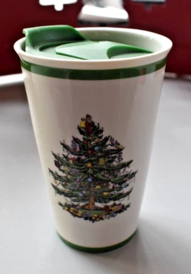 SPODE Christmas Tree 5 3/8" TRAVEL MUG & LID Green Trim 8oz Porcelain c.1938 - Image 1 of 4