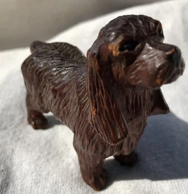 Vg Hand Carved Dark Wood Spaniel Dog 3” 4” Figurine Figure Artisan Minatures - Image 1 of 4