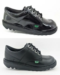 New KICKERS Kick Lo Black Leather Shoes Patent Girls Boys School Lace Sale 12-6 - Picture 1 of 4