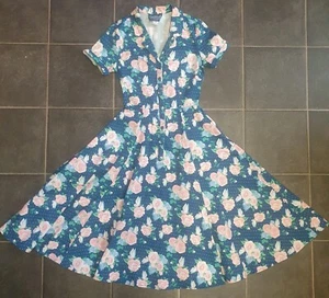 Collectif Vintage Swing Dress, Caterina, Size 6 XXS, Blue with Pink Roses - Picture 1 of 4