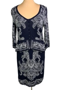 Anthropologie Knitted Knotted Bandana/Paisley Peplum Navy Knit Dress Sz L - Picture 1 of 6