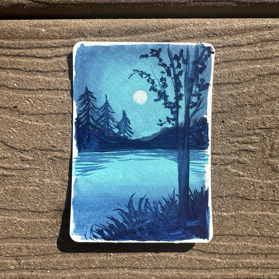 Tarjeta de arte de pintura de paisaje iluminada por la luna azul original Aceo Foto 1 de 1