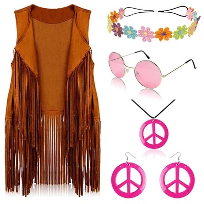 Five-piece set of female cosplay in a fringed vest from the 1960s hippie party - Image 1 of 4