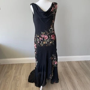 Vintage 90s Beaded Floral Evening Gown Whimsygoth Dark Fairy Prom Black Tie Y2K - Picture 1 of 8