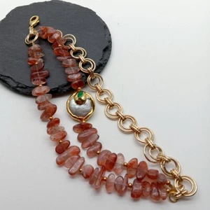 8" 3 Rows Natural Sparkling Sunstone White Coin Pearl Gold Plated Chain Bracelet - Picture 1 of 6