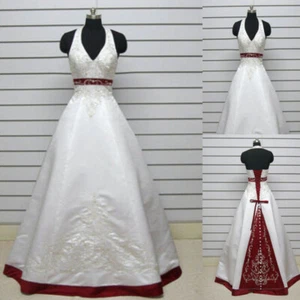 White and Red Embroidery Wedding Dresses Satin Backless Bridal Gowns Custom Made - Picture 1 of 9