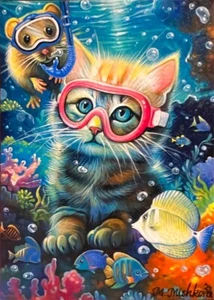 Limited Edition ACEO PRINT Summer Cat Mouse Ocean Diving Coral Reef M. Mishkova - Picture 1 of 1
