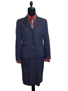Amanda Smith Silk White Polka Dot Blue 2 Piece Blazer & Pencil Skirt Sz 6 Lined - Picture 1 of 18