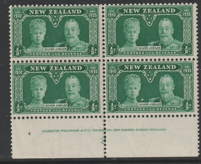 036 - NEW ZEALAND  1935 Silver Jubilee 1/2d IMPRINT & PLATE block mounted mint - Image 1 of 3