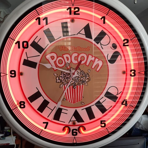 Neon Lighted Kellar's Theater TX Lobby Hot Buttered Popcorn Clock Light Sign VTG Cover
