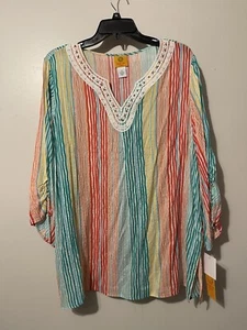 Ruby Rd Blouse Women's 1X Spring Breeze Striped Style Printed V-Neck NWT - Picture 1 of 4