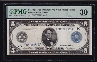 US 1914 $5 FRN Philadelphia FR 855a PMG 30 VF (623) - Image 1 of 2