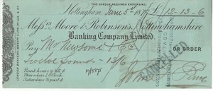 CHEQUE BANCARIO NOTTINGHAMSHIRE MOORE & ROBINSON CO 1879 - Imagen 1 de 2