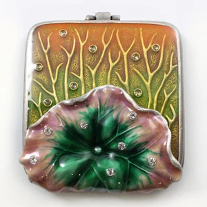 Bejeweled lily pad compact mirror, enamel painted with crystals in silver/multi - Picture 1 of 8