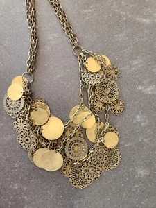 Bronze Tone Bib Egyptian Revival Necklace coin Statement Pendant Round Dangly - Picture 1 of 5