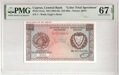CYPRUS  250 Mils  ND (1964-1982)  P:41cts  UNC (67 PMG) "Color Trial" "SPECIMEN" - Image 1 of 2