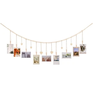 Hanging Photo Display with Clips, 9 Wood Clips, Boho Picture Frames Collage W... - Foto 1 di 7