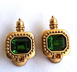 Vintage Oscar De La Renta Earrings Gold Tone Green Orange Runway Statement Clip - Picture 1 of 9